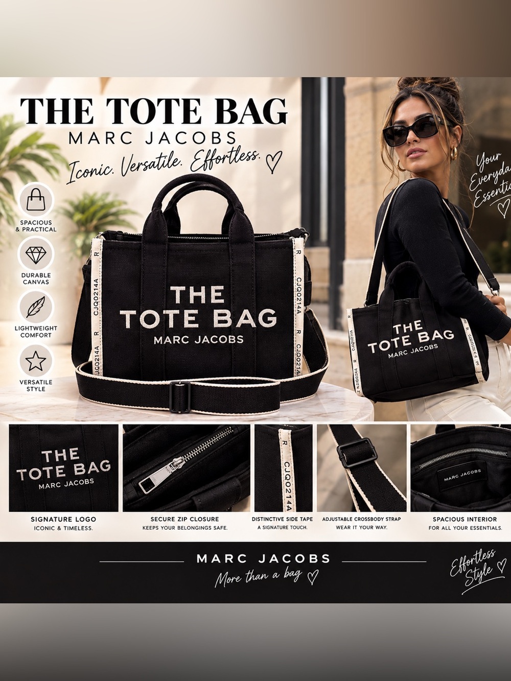 Marc Jacobs Black Canvas 'The Tote Bag' with White Trim